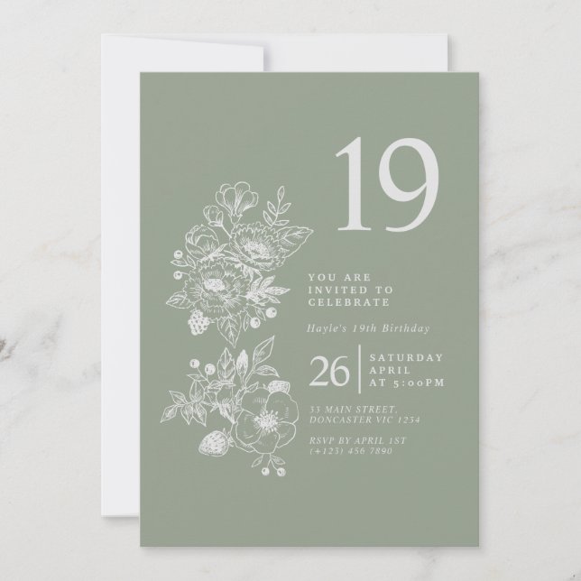 Invitation Fleur sauvage botanique Sage Green 19e anniversair (Devant)