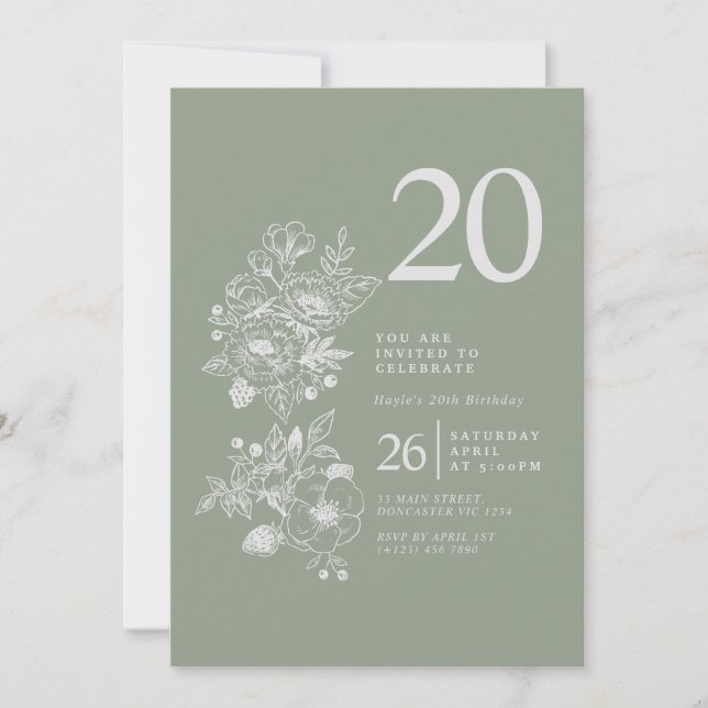 Invitation Fleur sauvage botanique Sage Green 20e anniversair (Devant)