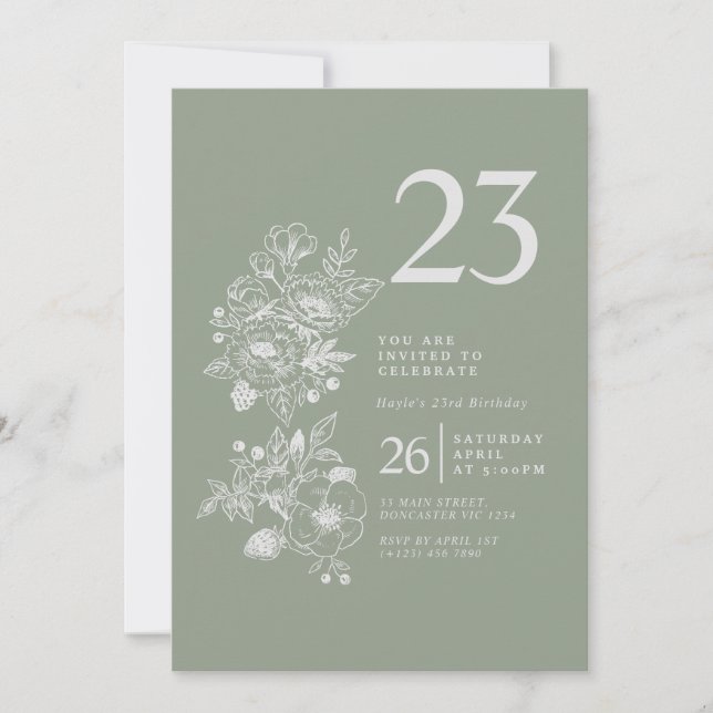 Invitation Fleur sauvage botanique Sage Green 23e anniversair (Devant)