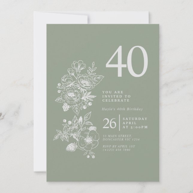 Invitation Fleur sauvage botanique Sage Green 40e anniversair (Devant)