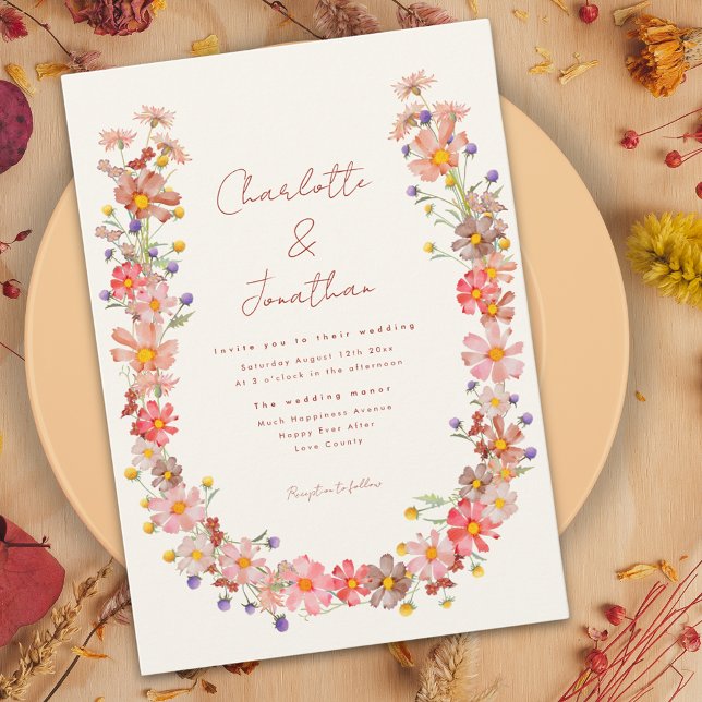 Invitation Fleur sauvage brûlé mariage de automne orange (Boho wildflower wreath fall wedding invitation with burnt orange dried flowers)