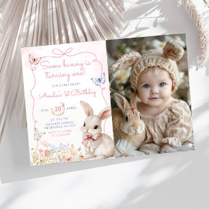 Invitation Fleur sauvage Bunny Pink Girl Photo Anniversaire