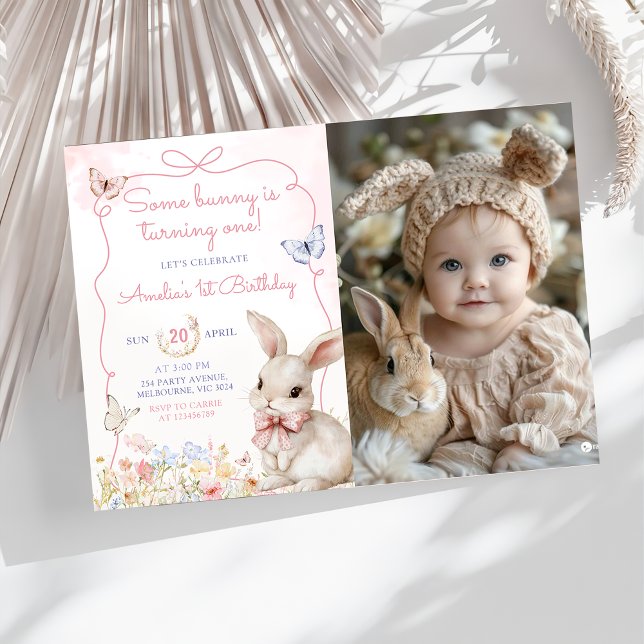 Invitation Fleur sauvage Bunny Pink Girl Photo Anniversaire (Créateur téléchargé)