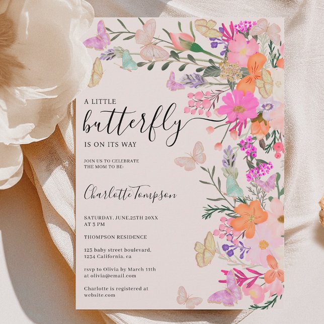 Invitation Fleur sauvage chic baby shower  papillon (Chic wildflowers spring butterfly baby shower invitation)