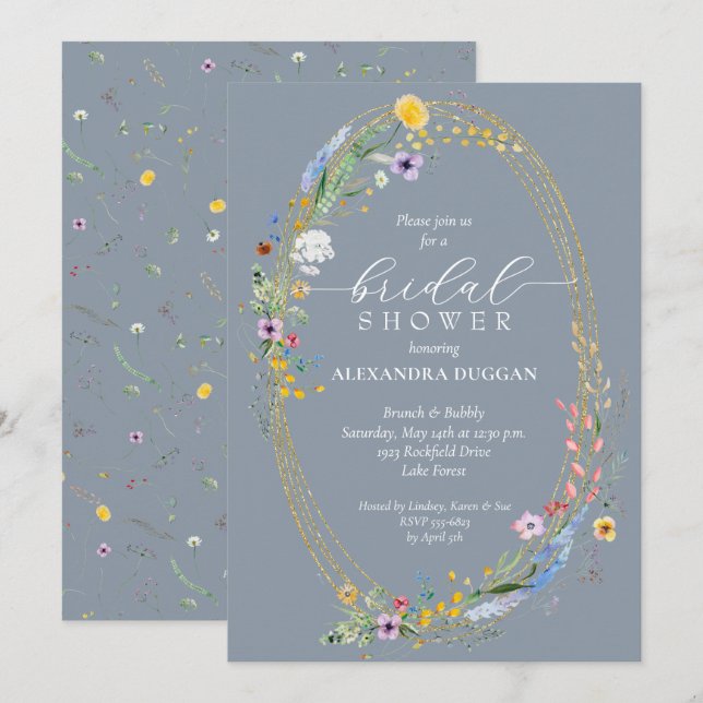 Invitation Fleur sauvage chic Wreath Dusty Fête des mariées b (Devant / Derrière)
