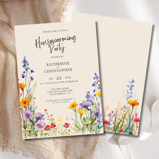 Invitation Fleur sauvage coloré Custom House Party (Colorful Watercolor Wildflowers Housewarming Party Invitation with Couple's Names, Details.)