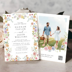 Invitation Fleur sauvage coloré Floral Photo QR Code Mariage