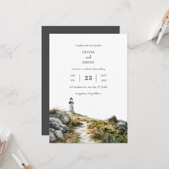 Invitation Fleur sauvage côtier Phare de la plage Mariage (Devant/Arrière en situation)