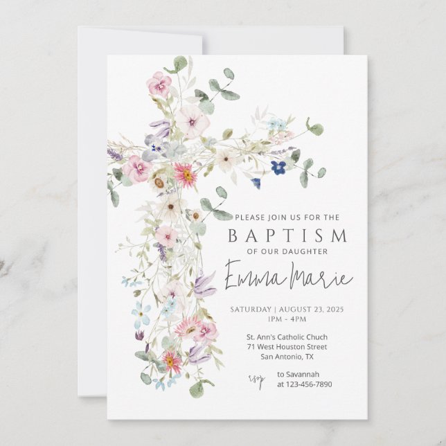 Invitation fleur sauvage Cross Baptism (Devant)