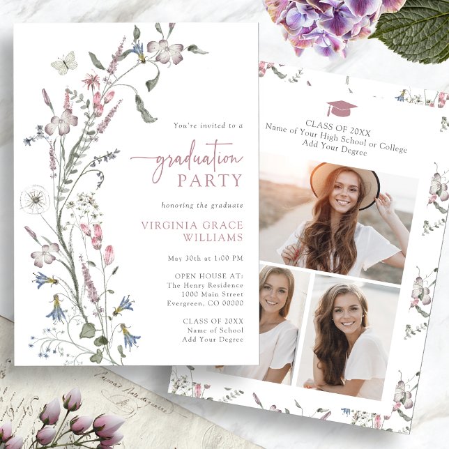 Invitation Fleur sauvage d'aquarelle (Watercolor Wildflower Graduation Party Invitation Pictures on back by Painted Paperie
)