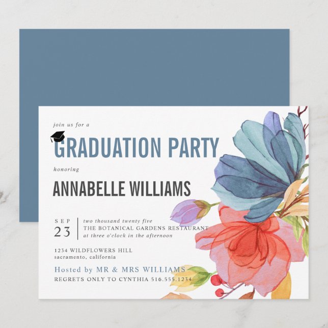 Invitation Fleur sauvage d'aquarelle gras Blue Graduation Par (Devant / Derrière)