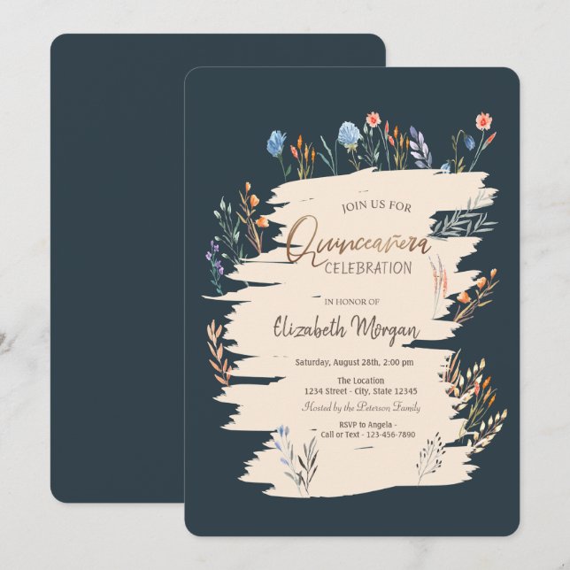 Invitation Fleur sauvage d'aquarelle Meadow Quinceañera (Devant / Derrière)