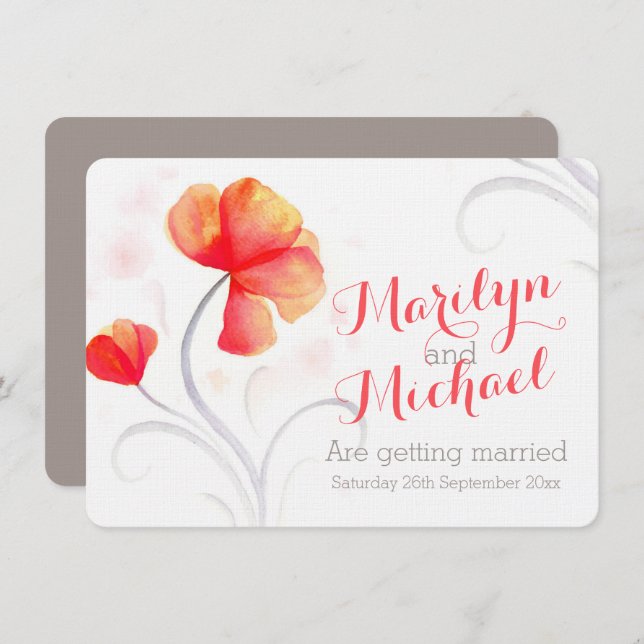 Invitation Fleur sauvage d'aquarelle orange (Devant / Derrière)