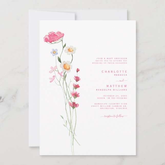 Invitation Fleur sauvage d'aquarelle rose chaud Mariage II (Devant)