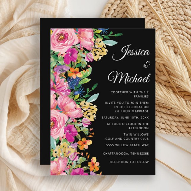 Invitation Fleur sauvage d'aquarelle rose noir (Elegant pink watercolor floral on black wedding invitation)