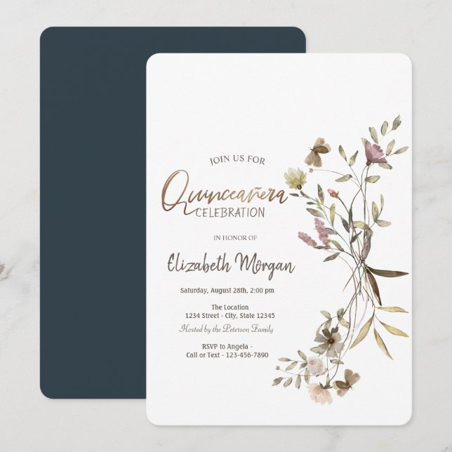 Invitation Fleur sauvage d'aquarelle Whimsical Quinceañera (Devant / Derrière)