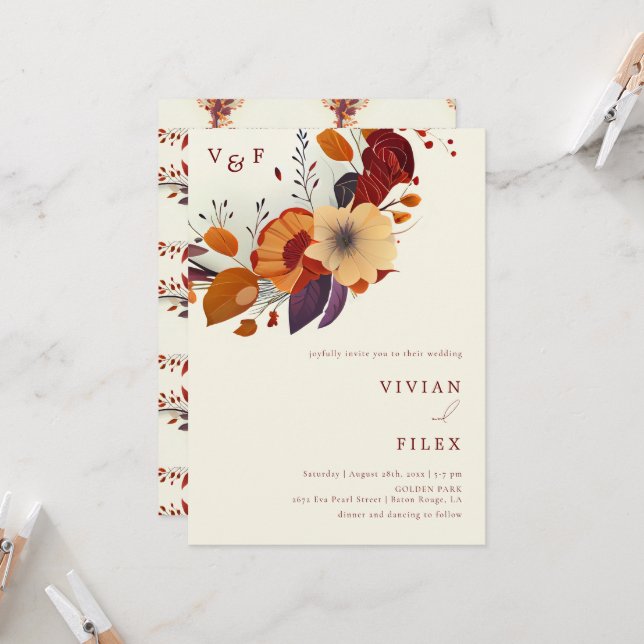 Invitation Fleur sauvage d'automne classique Mariage de nom i (Devant/Arrière en situation)