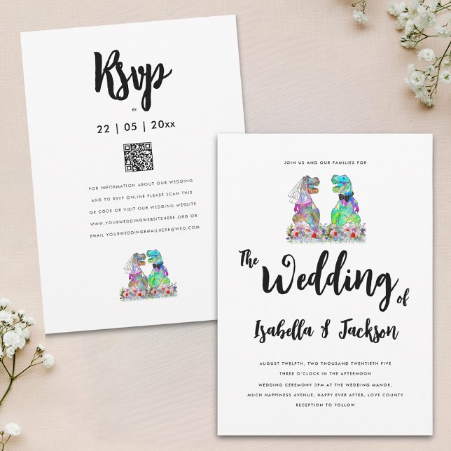Invitation Fleur sauvage de Boho Dinosaur Mariage de mariée e (Dinosaur theme wildflower wedding invitation with dino bride and groom wedding rsvp website qr code)