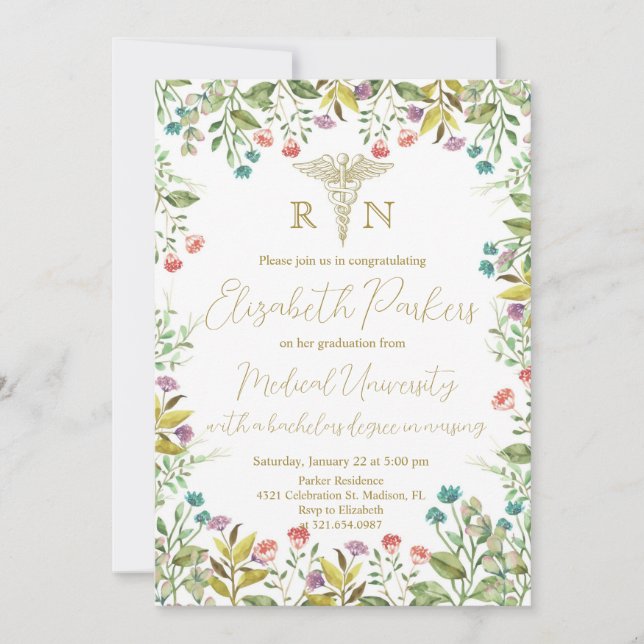 Invitation Fleur sauvage de la fête de graduation en soins in (Devant)