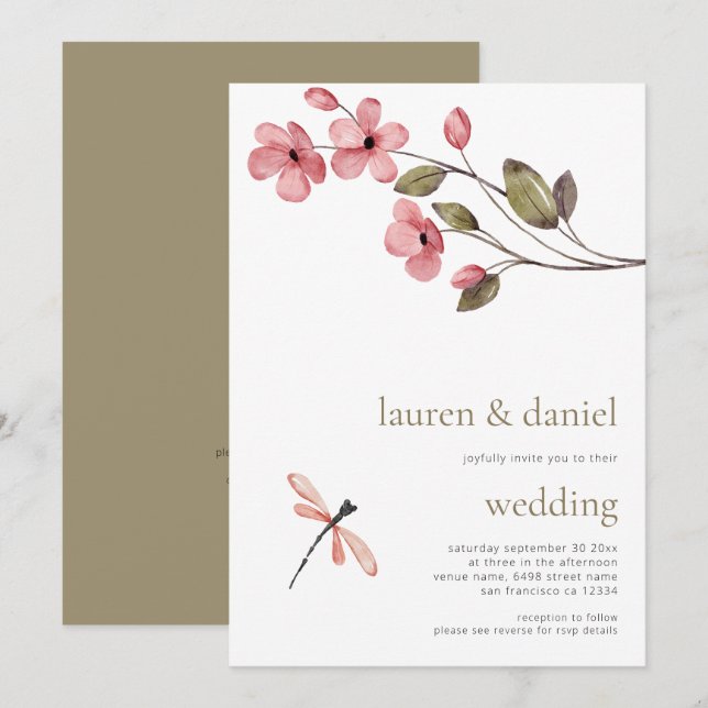 Invitation Fleur sauvage de libellules minimaliste QR Mariage (Devant / Derrière)