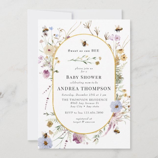 Invitation Fleur sauvage de printemps | Baby shower d'abeille (Devant)