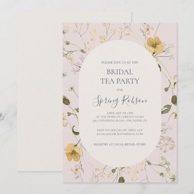 Invitation Fleur sauvage de printemps | Blush Bridal Tea Part (Devant / Derrière)