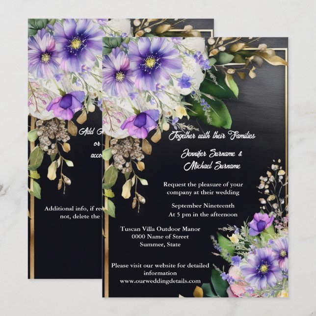 Invitation Fleur sauvage d'été élégant noir violet aquarelle (Devant / Derrière)