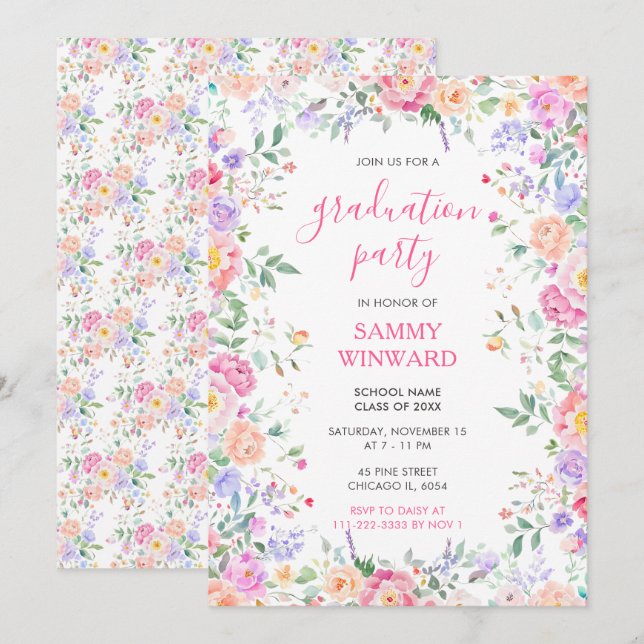 Invitation Fleur sauvage d'été Floral Graduation Party (Devant / Derrière)