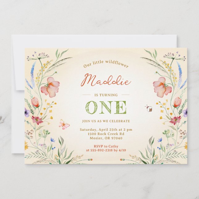 Invitation Fleur sauvage devenant une 1ère fille anniversaire (Devant)