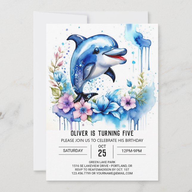 Invitation Fleur sauvage Dolphin Magie anniversaire (Devant)