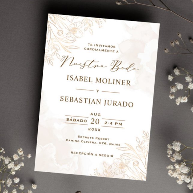 Invitation Fleur sauvage d'or Nuestra Boda Mariage espagnol (Créateur téléchargé)
