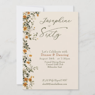 Invitation Fleur Sauvage Dorée Élégante Nommée Soixantième An