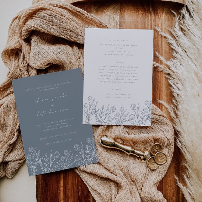 Invitation Fleur sauvage Dusty bleu avant et blanc Mariage ar (Créateur téléchargé)