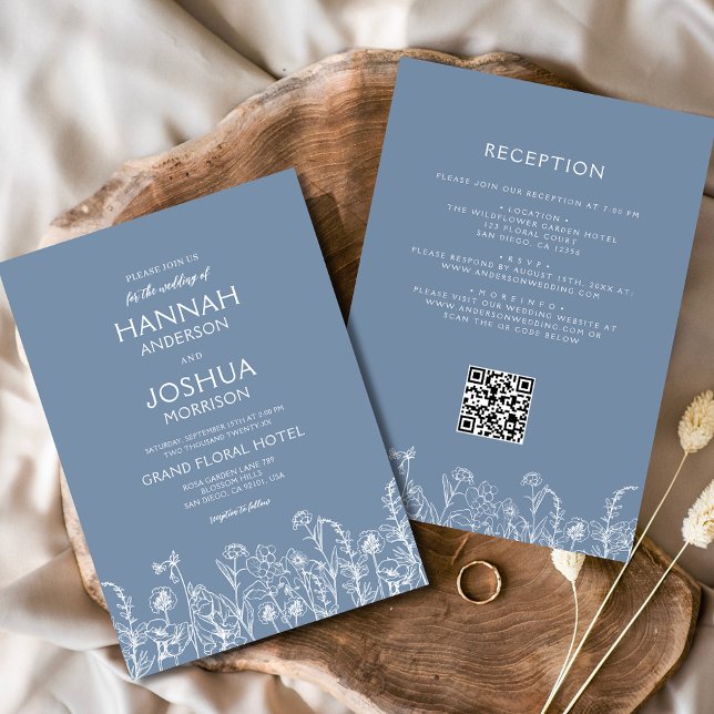 Invitation Fleur sauvage Dusty Blue Botanical QR Code Mariage (Créateur téléchargé)