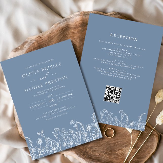 Invitation Fleur sauvage Dusty Blue Botanical QR Code Mariage (Créateur téléchargé)
