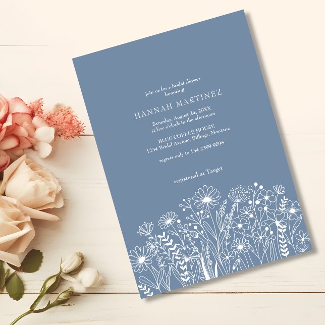 Invitation Fleur sauvage Dusty Blue Elegant Boho Fête des mar (Créateur téléchargé)