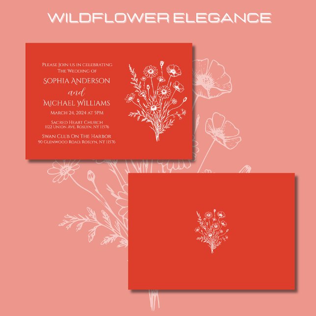 Invitation Fleur sauvage Elegance-Mariage Red Orange Invitati (Wildflower Elegance Wedding Invitations-Red Orange-Rustic, country, bohemian, elegant)