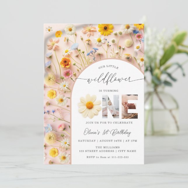 Invitation Fleur sauvage élégant 1er anniversaire Photo (Debout devant)