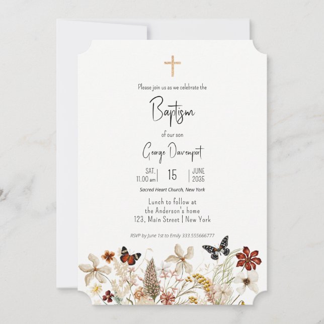Invitation Fleur sauvage Élégant Baptême Événement religieux (Devant)