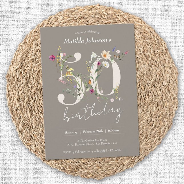 Invitation Fleur sauvage Élégant Floral 50e anniversaire (50th Birthday Wildflowers Elegant Floral Invitation)
