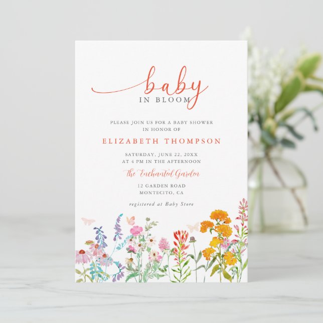 Invitation Fleur sauvage en Fleur Turquoise Orange Baby showe (Debout devant)