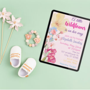 Invitation Fleur sauvage en route, Baby Shower rose aquarelle