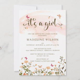 Invitation Fleur sauvage et papillons   Baby shower élégant