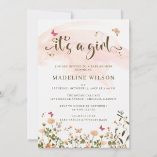 Invitation Fleur sauvage et papillons | Baby shower élégant