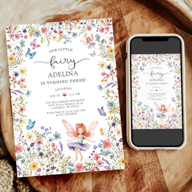 Invitation Fleur sauvage Fairy Butterfly 3ème anniversaire In (Wildflower Fairy Butterfly 3rd Birthday Invitation)
