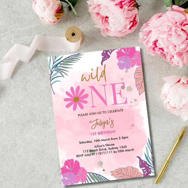 Invitation Fleur sauvage fille en feuille tropicale 1er anniv (Créateur téléchargé)