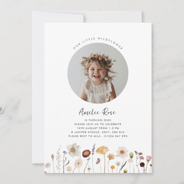 Invitation Fleur sauvage fille photo 1er anniversaire (Devant)