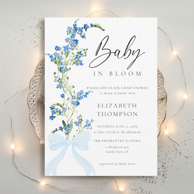 Invitation Fleur sauvage Fleur douce Bleu Bow Élégant Baby sh (wildflowers baby shower invitation blue bow elegant garden party romantic watercolor rustic boho)
