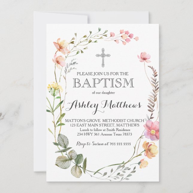 Invitation fleur sauvage Floral BAPTISM (Devant)