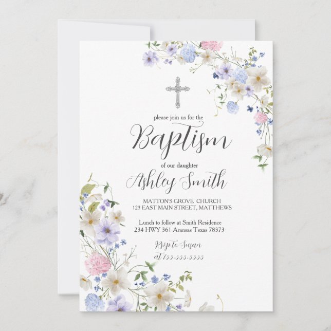 Invitation fleur sauvage Floral BAPTISM (Devant)